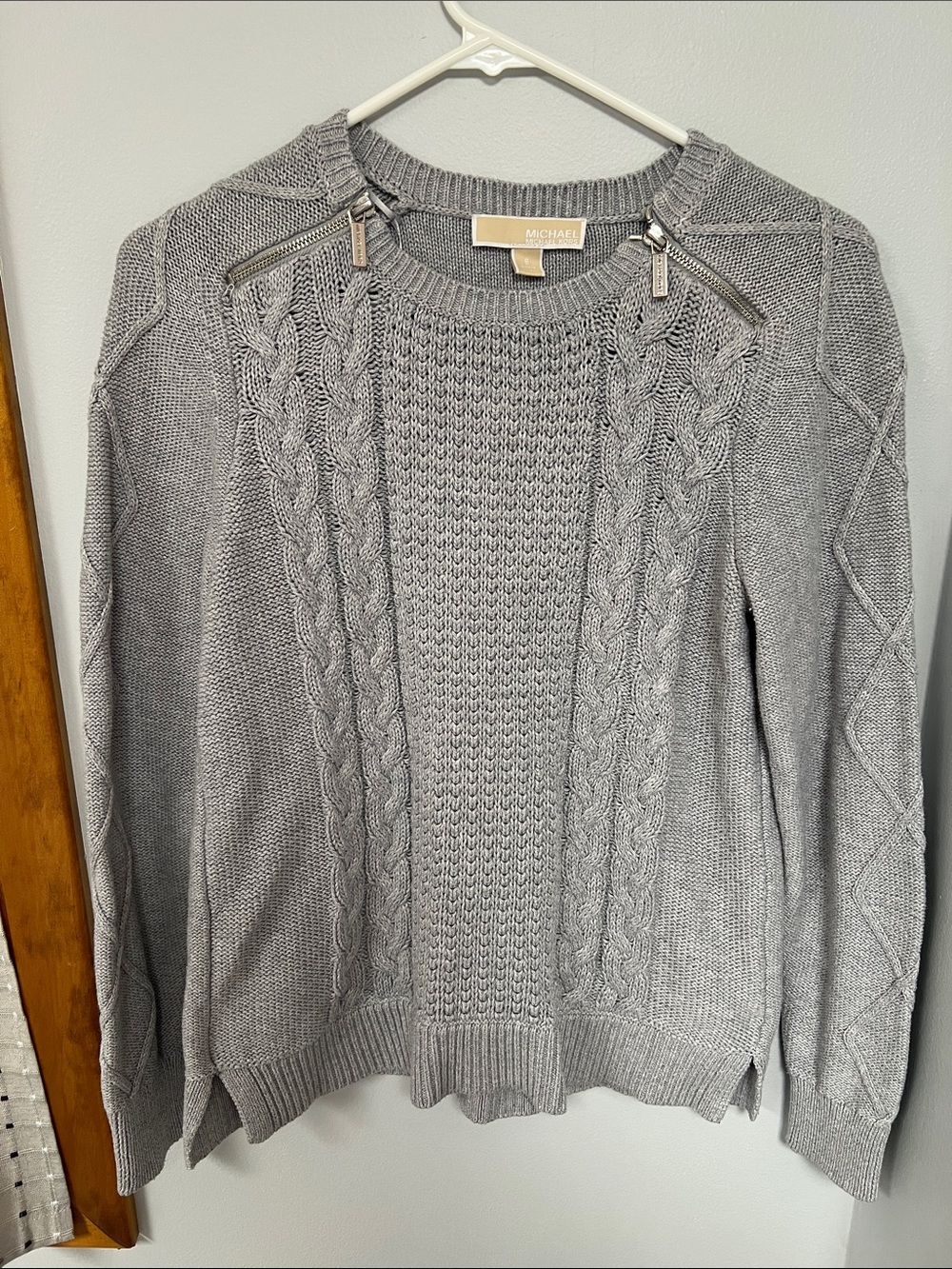 Michael Kors Light Gray Cable-Knit Zip-Shoulder Sweater